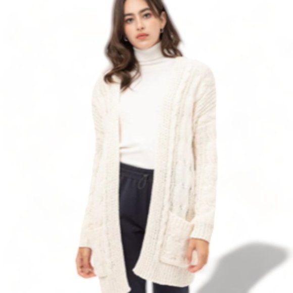 Love Tree Sweaters - Love Tree Cozy Cable Knit Open Front Chenille Cardigan with Drop Shoulder (L)